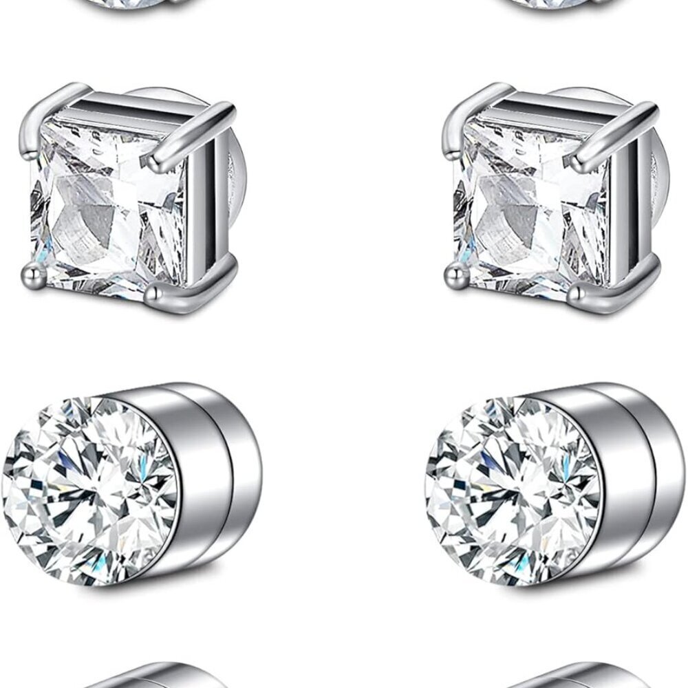 Stud Earrings Stainless Steel 4 Pairs Fake Zirconia Non Piercing Jewelry